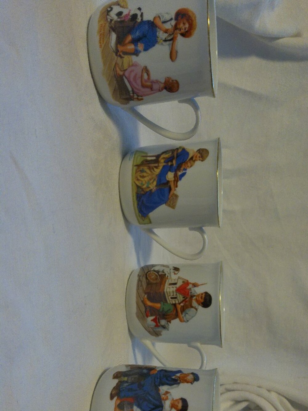 Norman Rockwell Museum Coffee Mugs 1980's Gold Trim Set of 4 VGUC